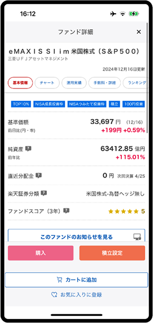 楽天証券のiGrowの投資信託の詳細画面