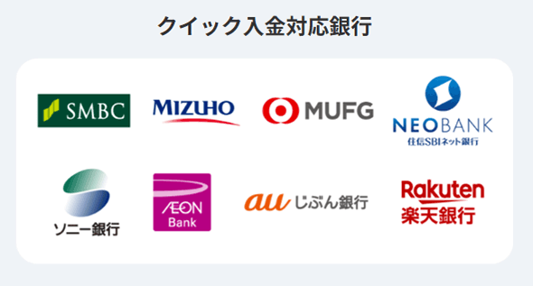 クイック入金対応銀行の一覧