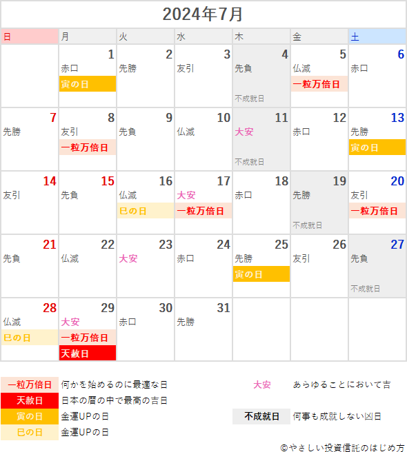 2024年7月の一粒万倍日・天赦日・寅の日・巳の日・大安カレンダー