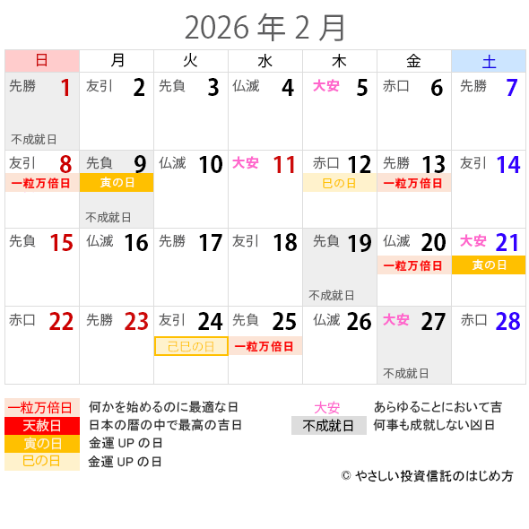 2026年2月の一粒万倍日・天赦日・寅の日・巳の日・大安カレンダー