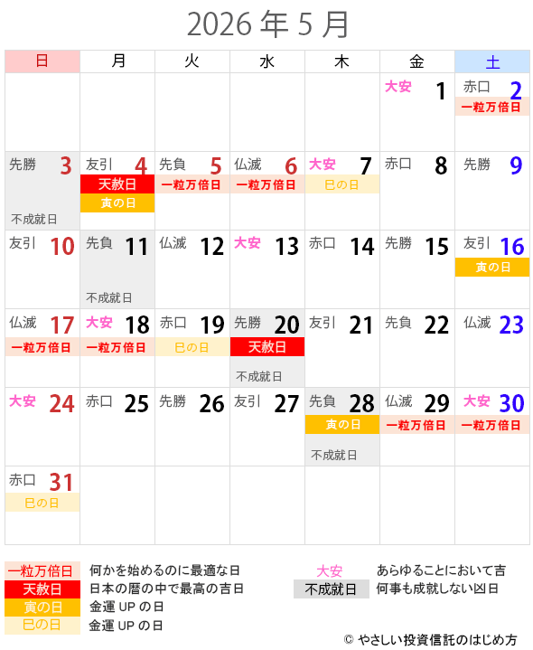 2026年5月の一粒万倍日・天赦日・寅の日・巳の日・大安カレンダー