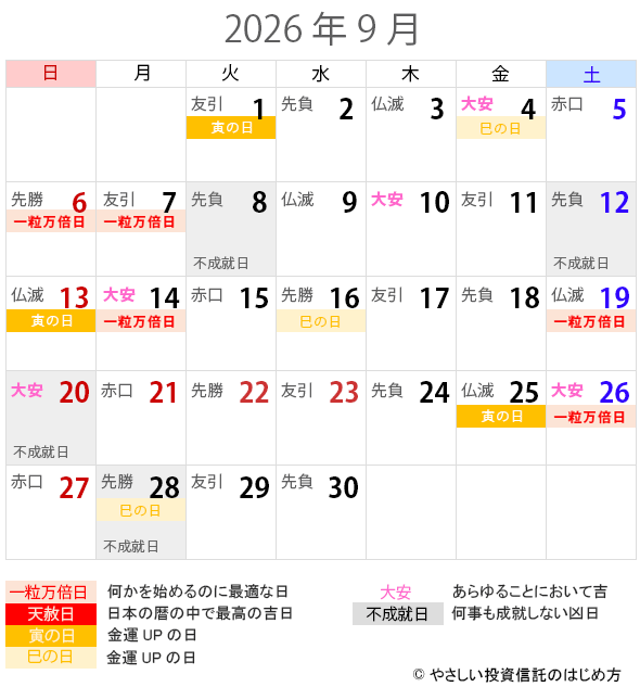 2026年9月の一粒万倍日・天赦日・寅の日・巳の日・大安カレンダー