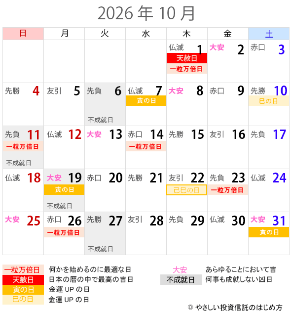 2026年10月の一粒万倍日・天赦日・寅の日・巳の日・大安カレンダー