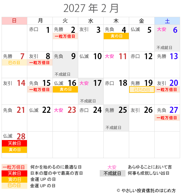 2027年2月の一粒万倍日・天赦日・寅の日・巳の日・大安カレンダー