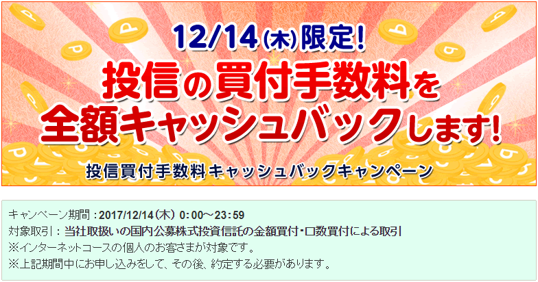 SBI証券が12月14日限定で投資信託の買付手数料を『全額』キャッシュバック