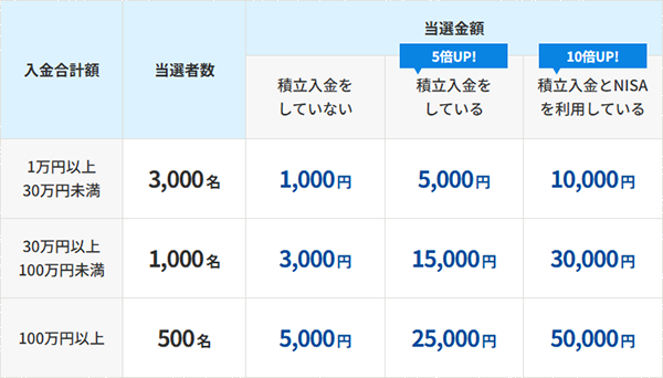 立額やサービスの利用状況に応じたプレゼント金額