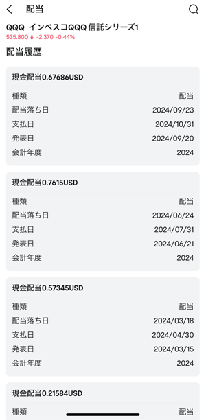 moomoo証券のアプリで見れるqqqの分配金(配当金)