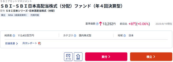 SBI日本高配当株式の購入画面