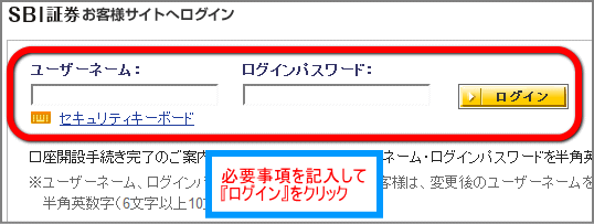 SBI証券のログイン画面