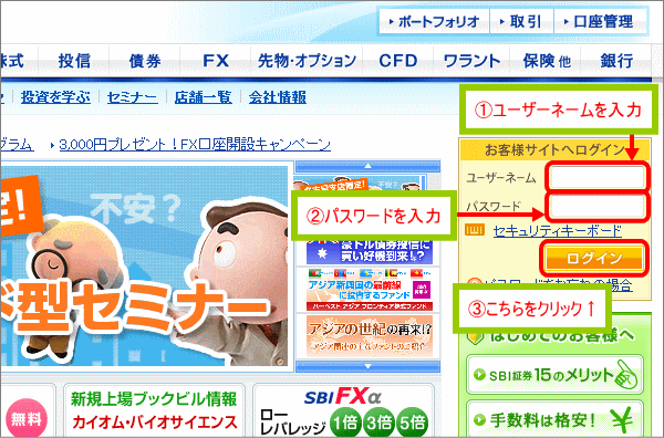 SBIのサイトにログイン