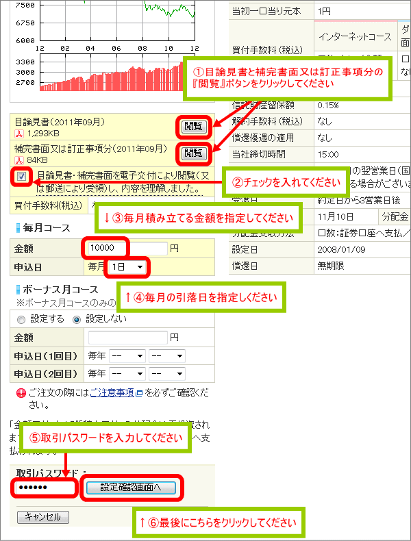 積立投資の注文画面