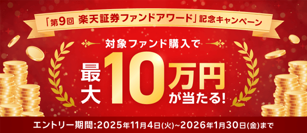 【対象ファンドの購入で最大10万円が当たる！】「第9回楽天証券ファンドアワード」開催記念キャンペーン